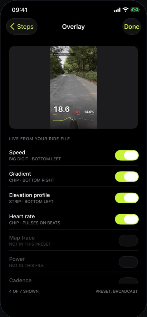 Spinto's gauge list for one overlay style: speed, gradient, elevation profile and heart rate switched on.